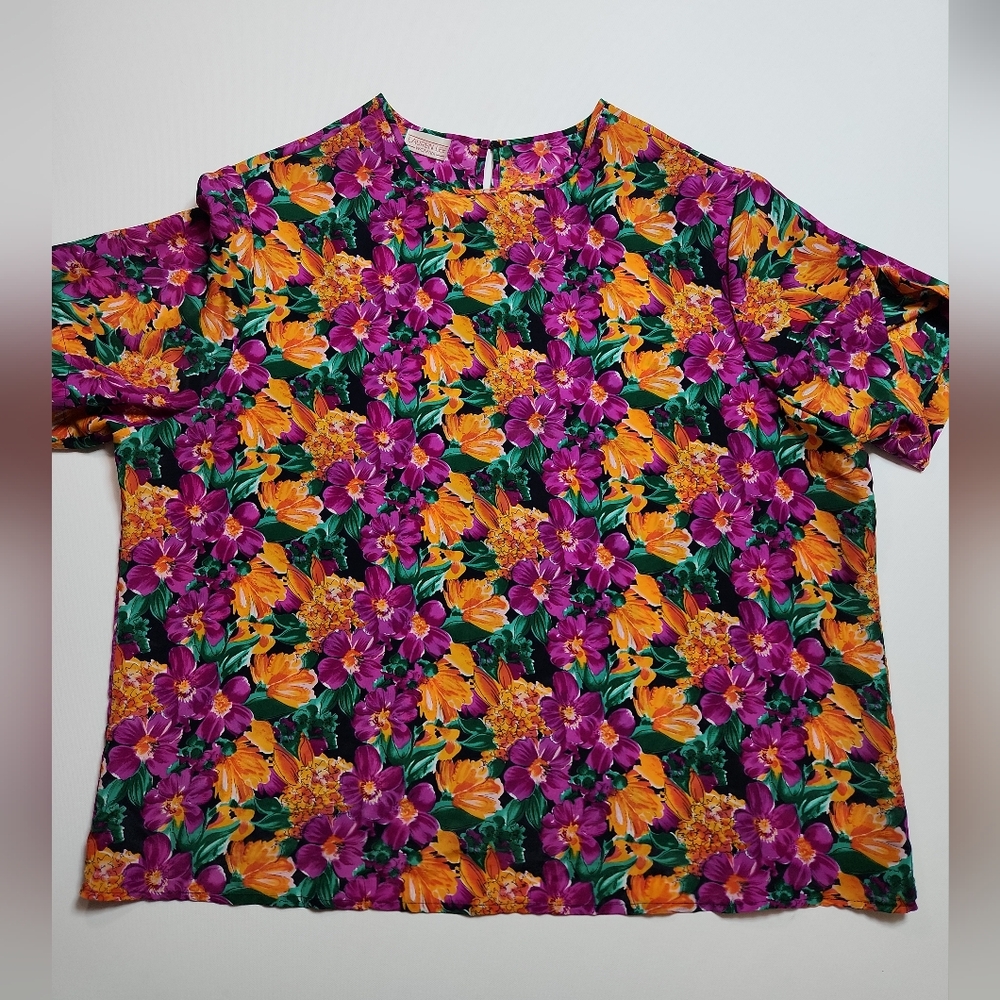 Vintage Lauren Lee Woman Floral Blouse Top Short Sleeve Bright Print 80s 90s